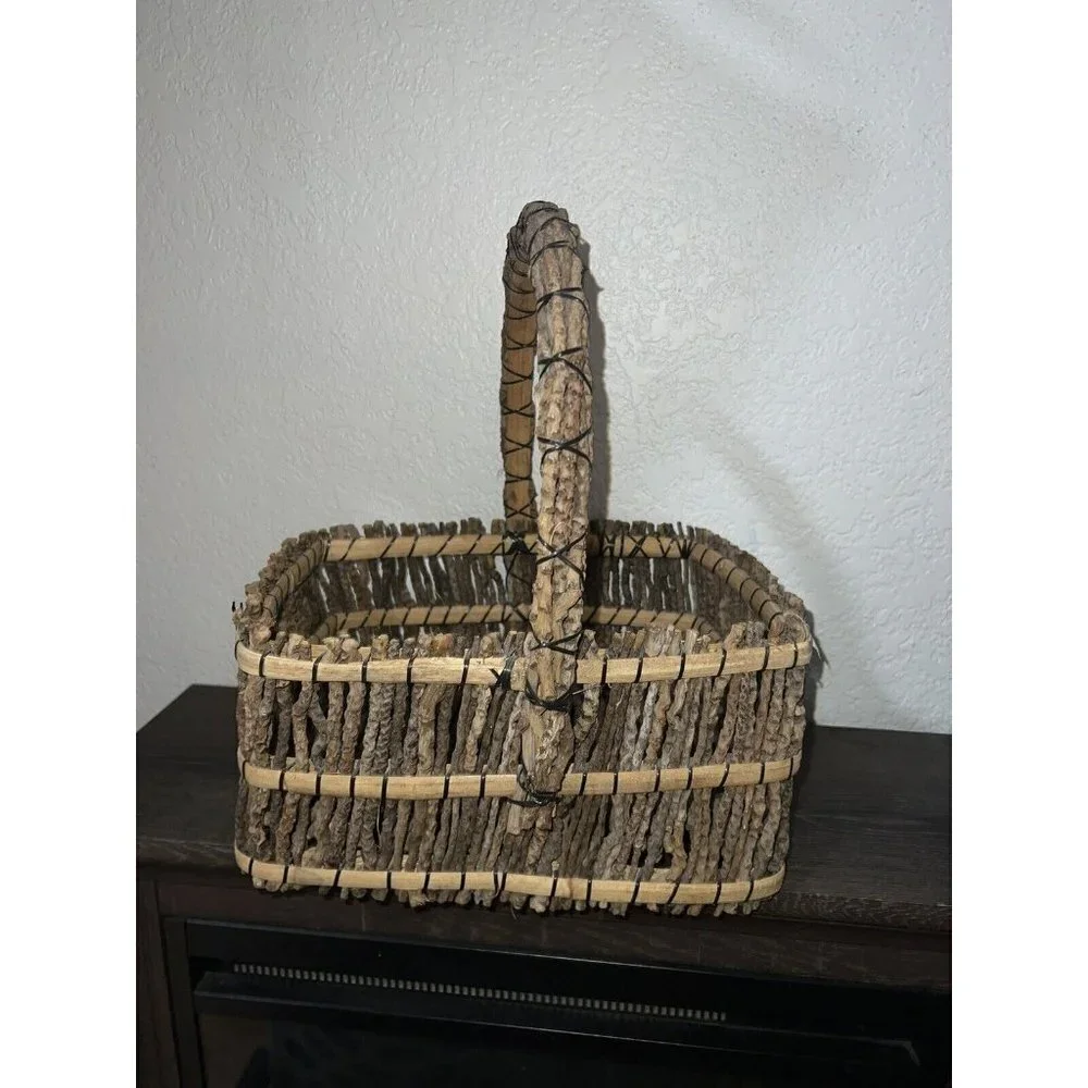 Rustic Twig/Stick Forest Basket 13x11x11” Handle Sturdy Well Made Cottage Easter